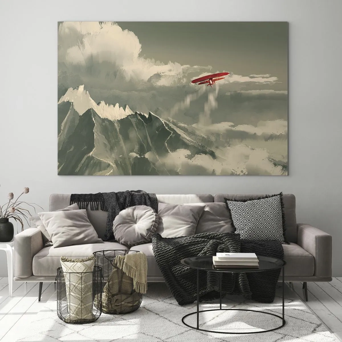 Obraz na skle - Červené letadlo letící nad zasněženými horami - 70x50cm - Nebojácný průkopník - Moderní nástěnná dekorace do obývacího pokoje a ložnice ARTTOR