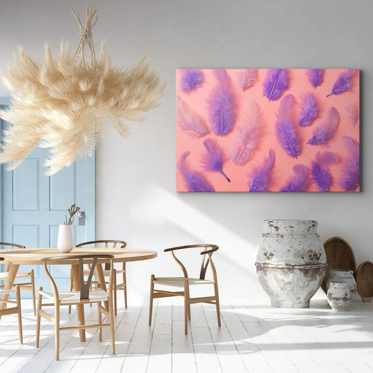Obraz na plátně - Fialové a růžové peří na pastelovém pozadí - 70x50cm - Liliový pták touhy - Moderní nástěnná dekorace do obývacího pokoje a ložnice ARTTOR