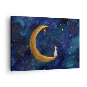 Obraz na plátně - Dívka stojící na měsíci na hvězdné obloze - 70x50cm - Volání světa - Moderní nástěnná dekorace do obývacího pokoje a ložnice ARTTOR
