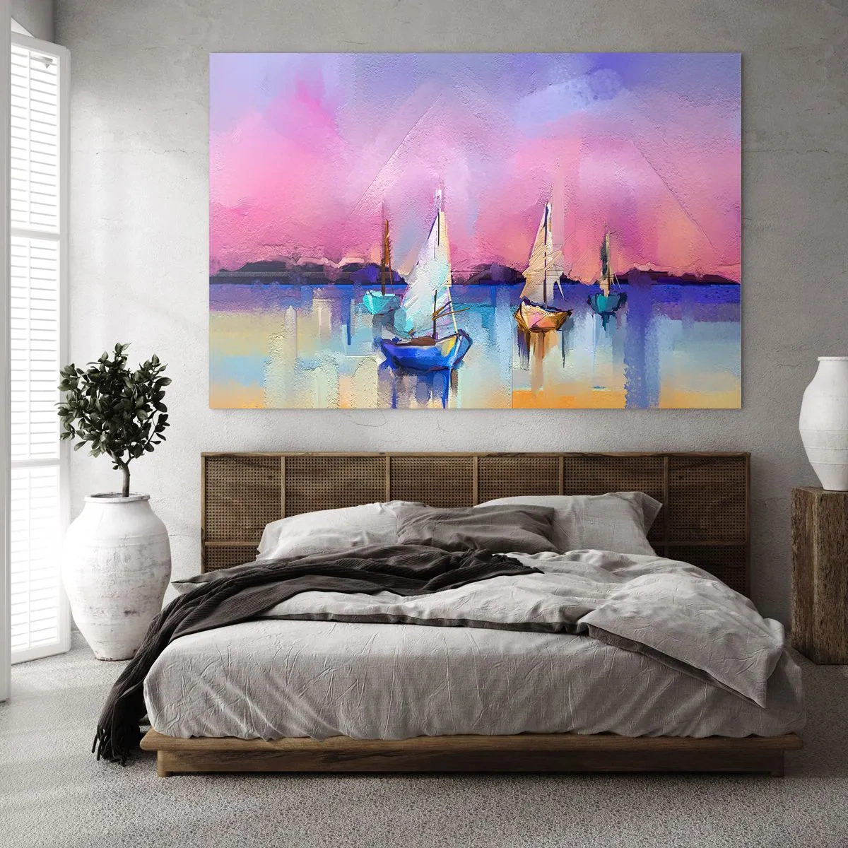 Obraz na skle - Abstraktní přístav s plachetnicemi při západu slunce - 70x50cm - Směr: široké vody - Moderní nástěnná dekorace do obývacího pokoje a ložnice ARTTOR