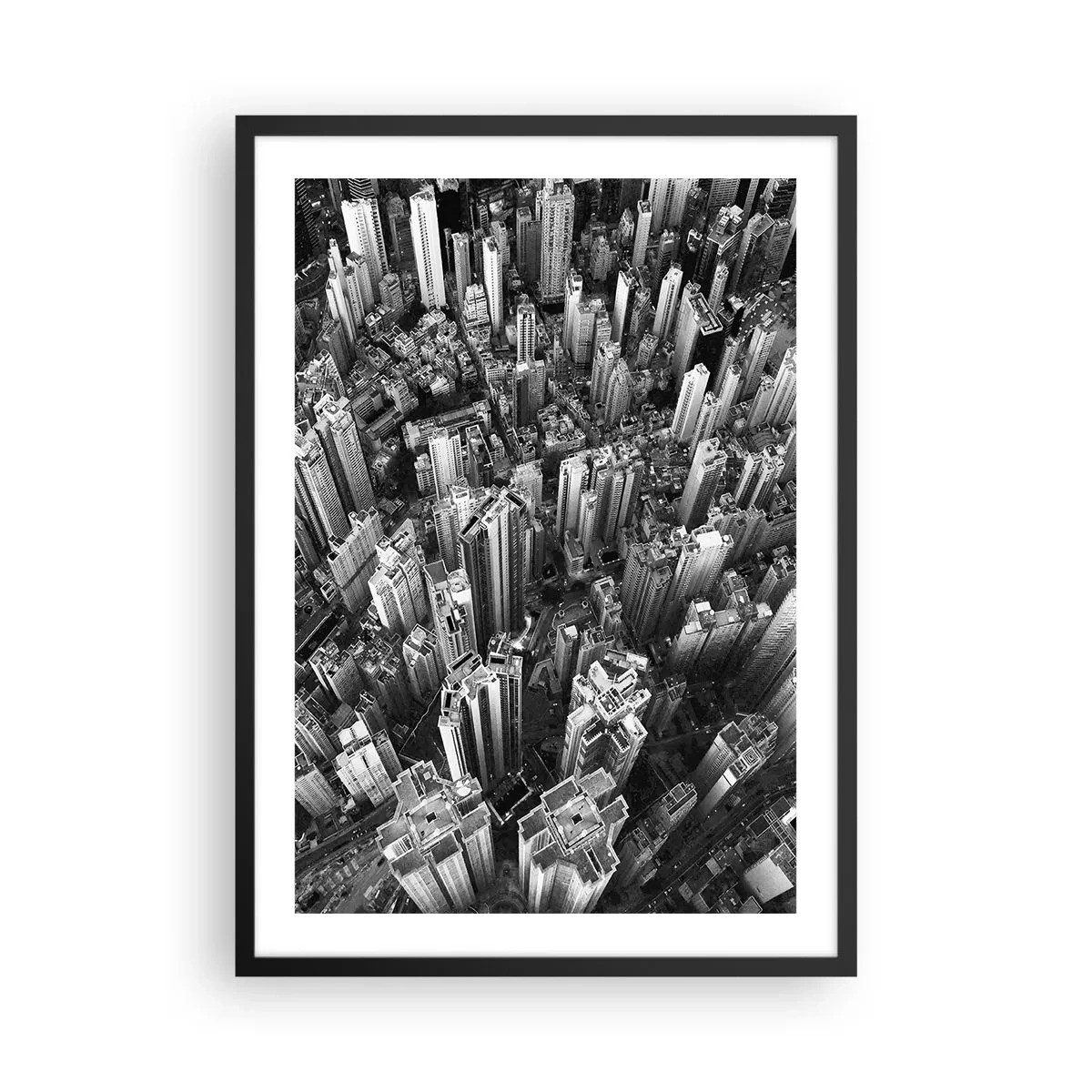 Plakát v černém rámu - Letecký pohled na městské mrakodrapy v černé a bílé - 50x70cm - Stále výš a výš - Moderní nástěnná dekorace do obývacího pokoje a ložnice ARTTOR