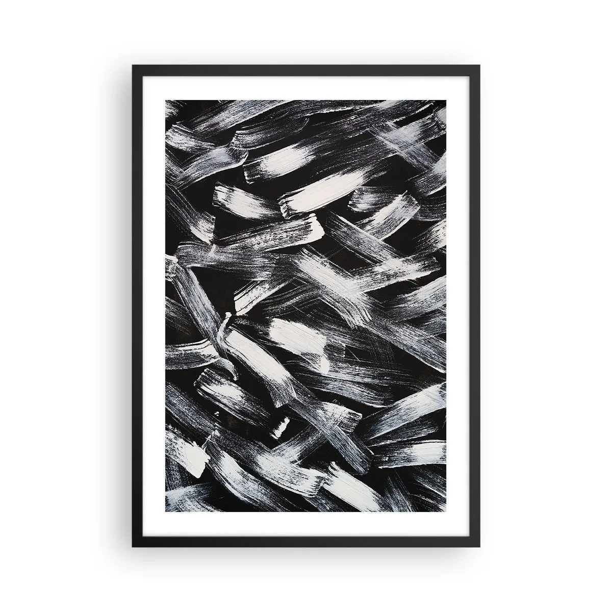 Plakát v černém rámu - Abstraktní bílé tahy štětcem na černém pozadí - 50x70cm - Abstrakce v industriálním duchu - Moderní nástěnná dekorace do obývacího pokoje a ložnice ARTTOR