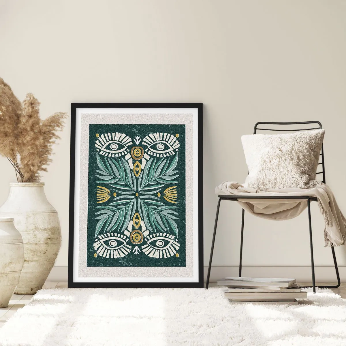 Plakát v černém rámu - Symetrický vzor s listy a očima na tmavém pozadí - 50x70cm - Jako lidová vystřihovánka - Moderní nástěnná dekorace do obývacího pokoje a ložnice ARTTOR