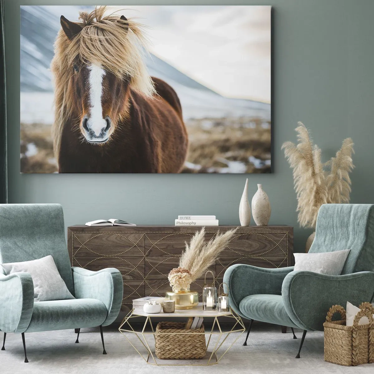 Obraz na plátně - Islandský kůň proti horské krajině - 70x50cm - Cítíš svobodu? - Moderní nástěnná dekorace do obývacího pokoje a ložnice ARTTOR