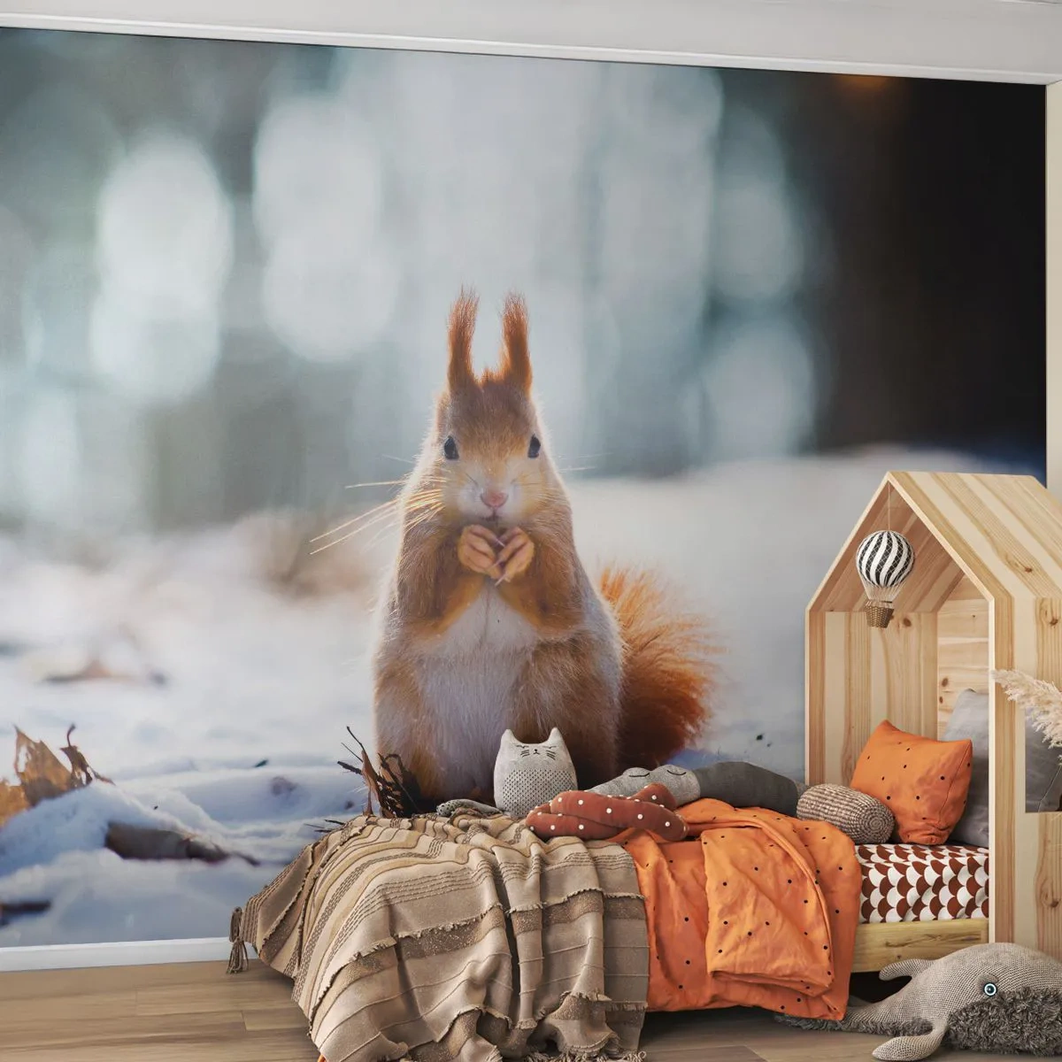 Fototapeta Samolepicí Deluxe Sticker - Co se tak díváš? - Zvířata, Veverka, Zima - 250x175 cm