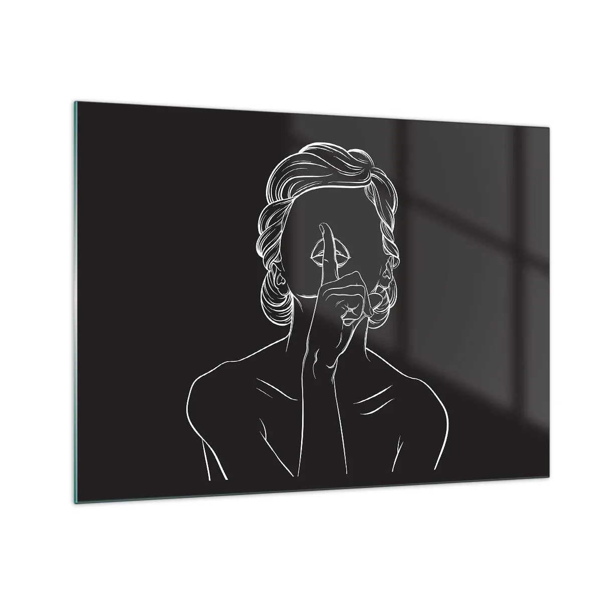 Obraz na skle - Minimalistická silueta ženy dělající gesto mlčení. - 70x50cm - Krása rozkvétá v tichu - Moderní nástěnná dekorace do obývacího pokoje a ložnice ARTTOR