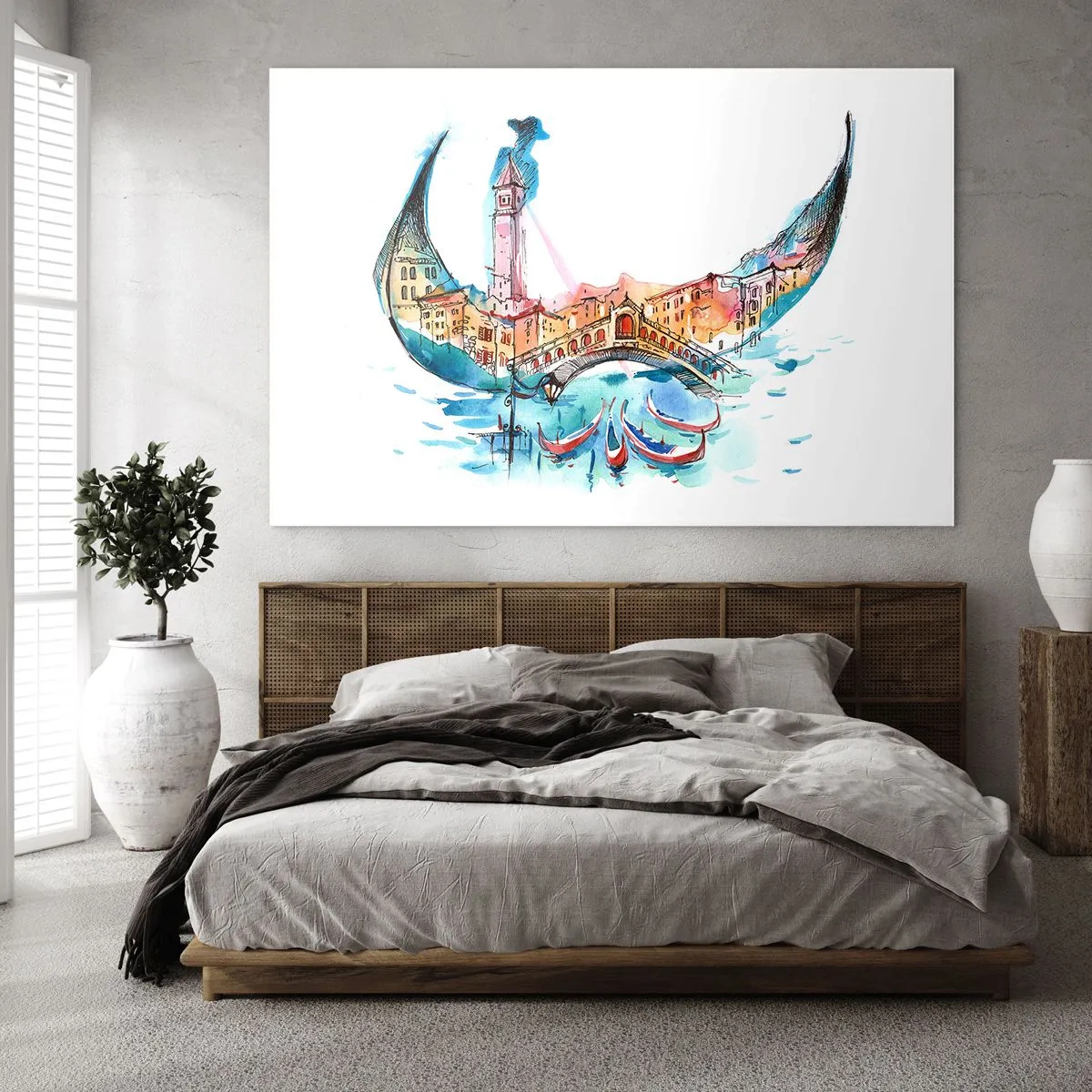 Obraz na skle - Akvarelové panorama Benátek v podobě masky - 70x50cm - Plujeme městem - Moderní nástěnná dekorace do obývacího pokoje a ložnice ARTTOR
