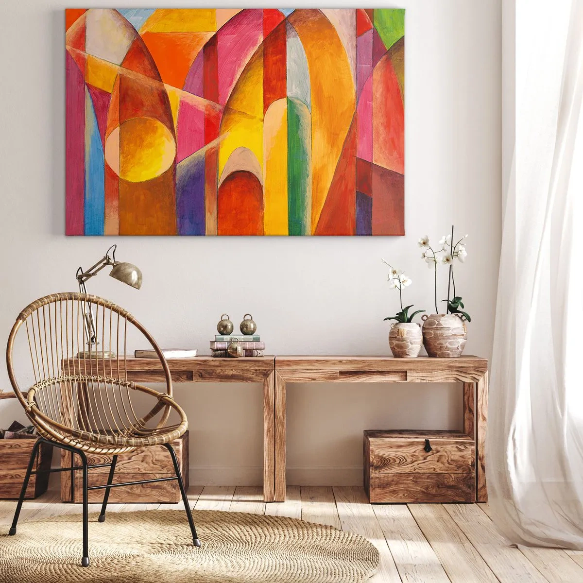Obraz na plátně - Abstraktní kompozice plná barevných geometrických tvarů. - 70x50cm - Katedrála slunce - Moderní nástěnná dekorace do obývacího pokoje a ložnice ARTTOR