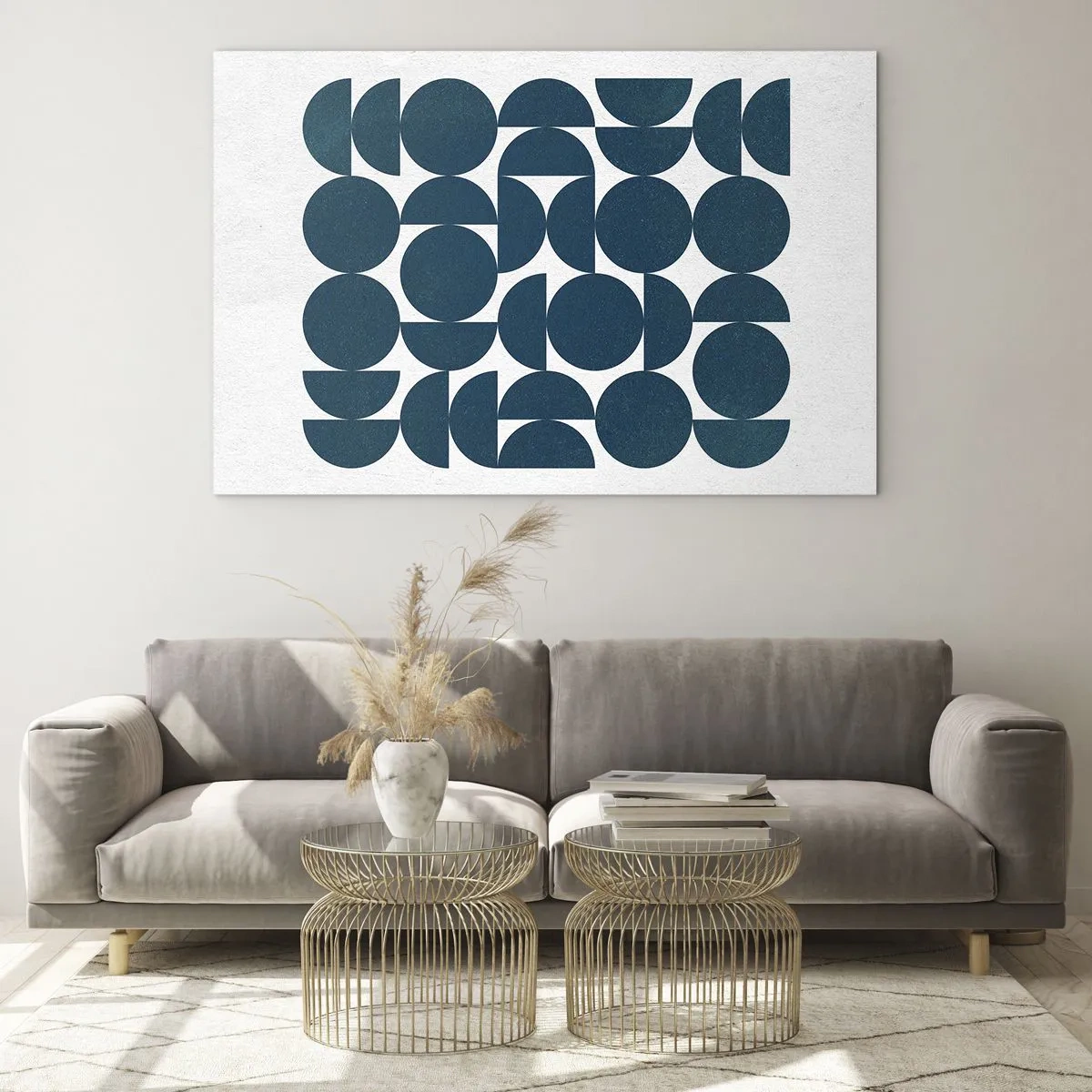 Obraz na skle - Moderní kompozice z tmavě modrých kruhů a půlkruhů - 70x50cm - Kruhy a půlkruhy - Moderní nástěnná dekorace do obývacího pokoje a ložnice ARTTOR