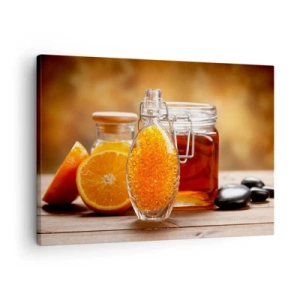 Obraz na plátně - Láhev jantarové tekutiny a čerstvé pomeranče - 70x50cm - Sluneční chutě a aromata - Moderní nástěnná dekorace do obývacího pokoje a ložnice ARTTOR