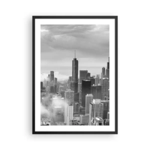 Plakát v černém rámu - Černobílý pohled na panorama města s mrakodrapy v oblacích - 50x70cm - Americká krajina - Moderní nástěnná dekorace do obývacího pokoje a ložnice ARTTOR