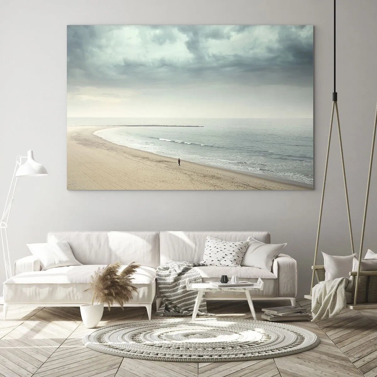 Obraz na skle - Postava procházející se po prázdné pláži u klidného moře - 70x50cm - Hledám klid - Moderní nástěnná dekorace do obývacího pokoje a ložnice ARTTOR