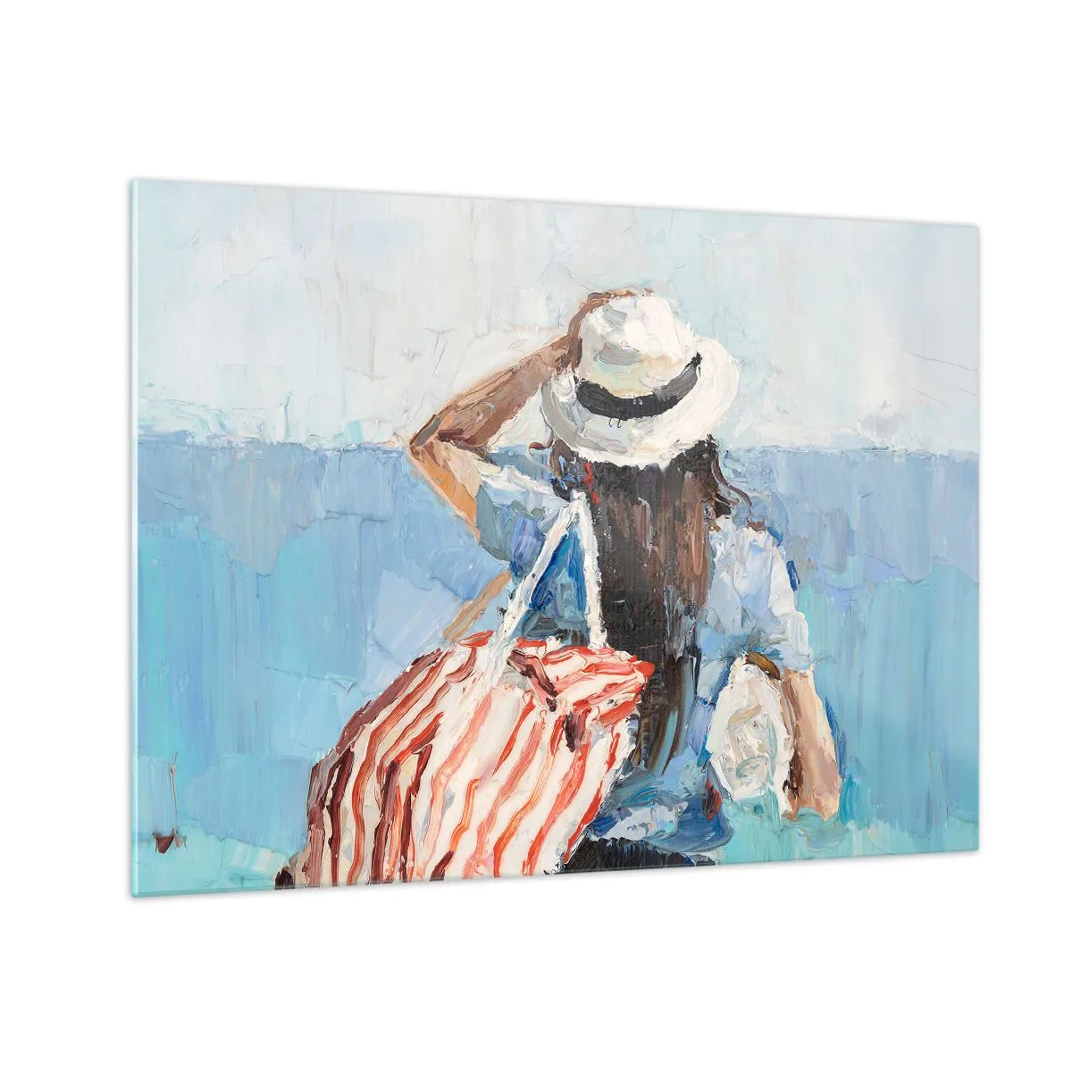 Obraz na skle - Žena s pruhovanou taškou s výhledem na moře za slunečného dne. - 70x50cm - Vítej na dovolené - Moderní nástěnná dekorace do obývacího pokoje a ložnice ARTTOR