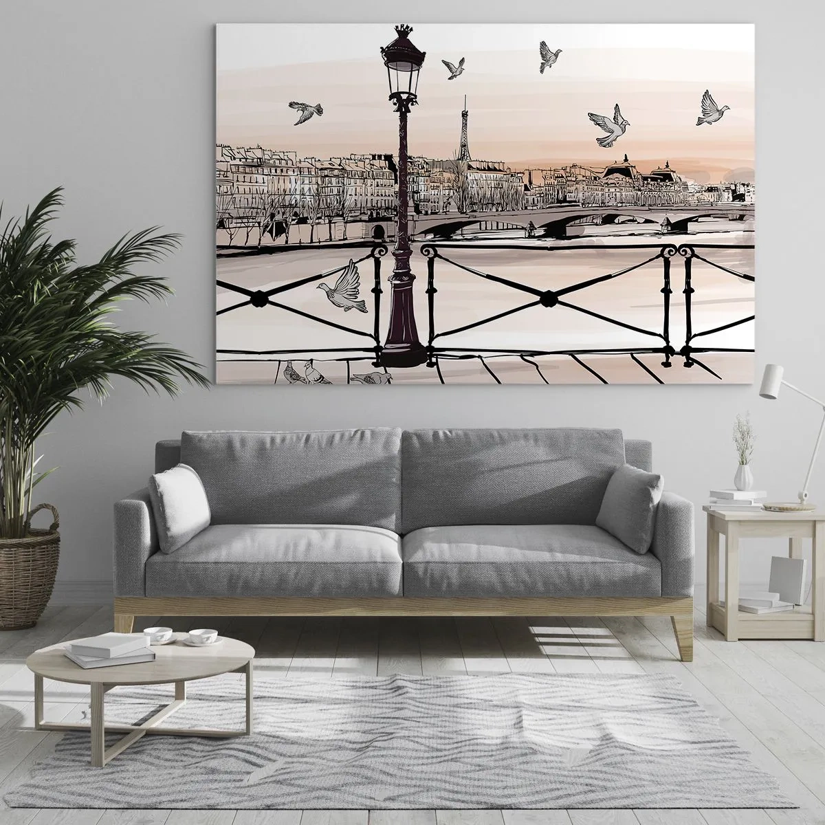 Obraz na skle - Ilustrace pařížské ulice s výhledem na Eiffelovu věž za úsvitu - 70x50cm - Nad střechami Paříže - Moderní nástěnná dekorace do obývacího pokoje a ložnice ARTTOR