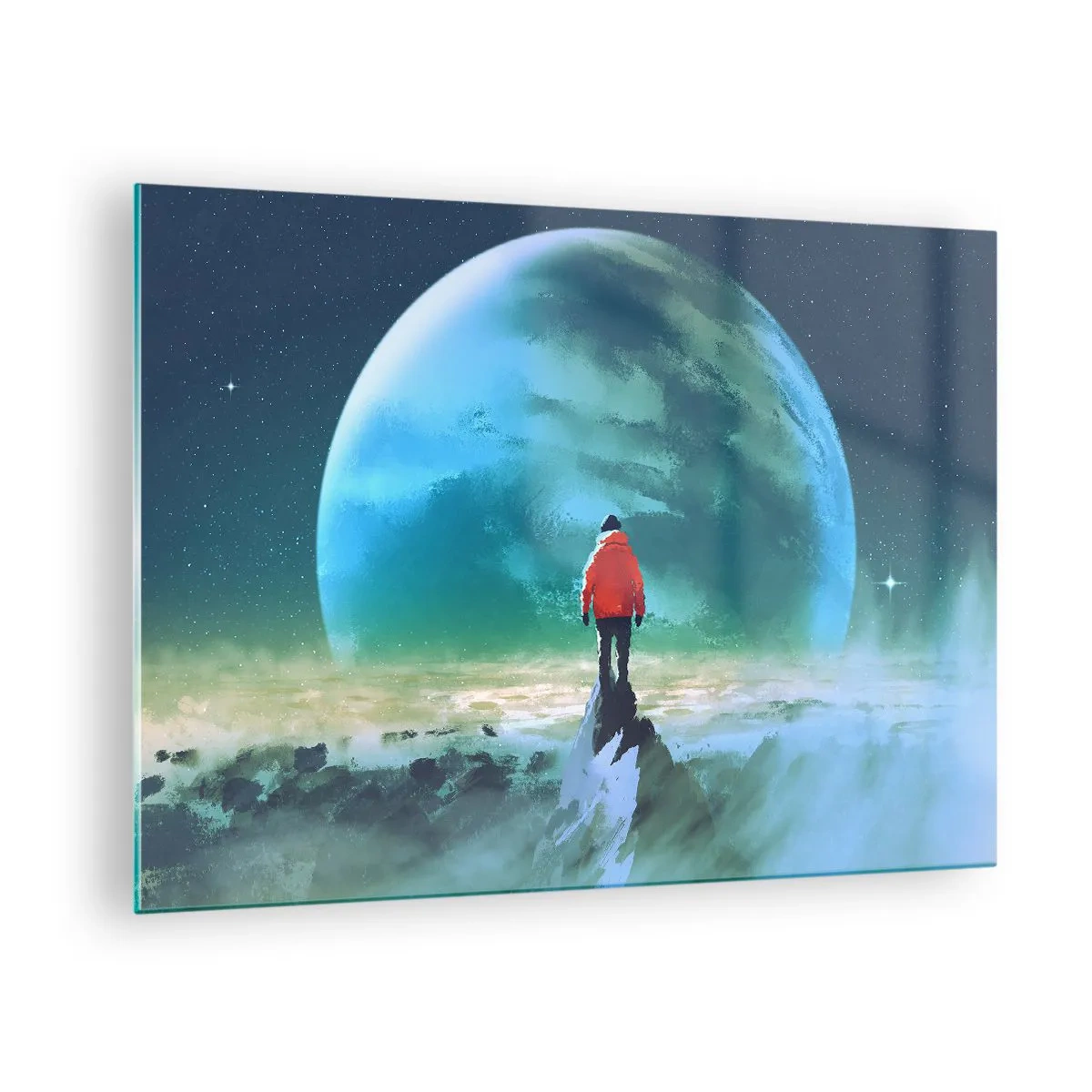 Obraz na skle - Postava v červené bundě na pozadí obrovské planety a hvězd - 70x50cm - Objevitel nové zemi - Moderní nástěnná dekorace do obývacího pokoje a ložnice ARTTOR