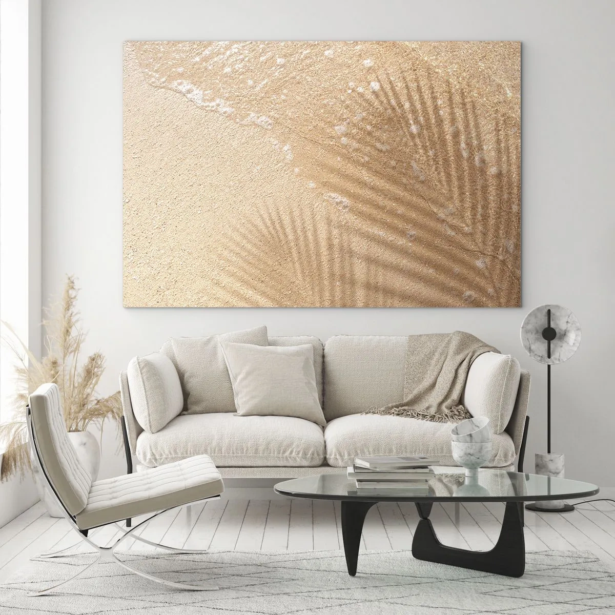 Obraz na skle - Pláž a stín na písku - 70x50cm - Stín horkého léta - Moderní nástěnná dekorace do obývacího pokoje a ložnice ARTTOR