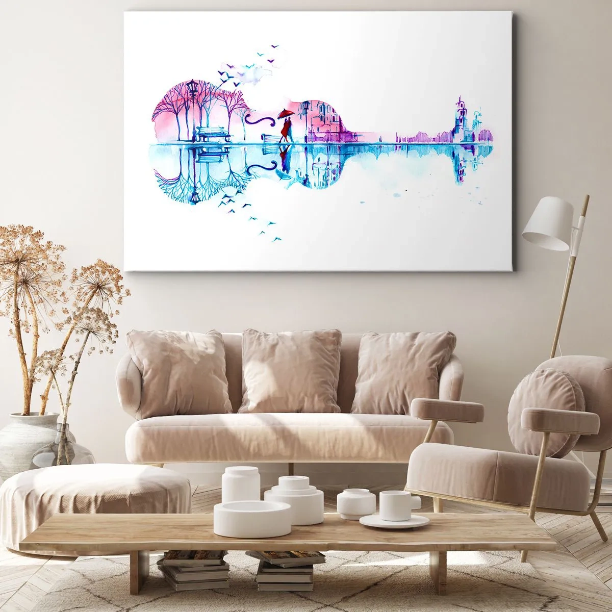 Obraz na plátně - Silueta města ve tvaru houslí v akvarelových barvách - 70x50cm - Přinesu vám dešťové písně - Moderní nástěnná dekorace do obývacího pokoje a ložnice ARTTOR