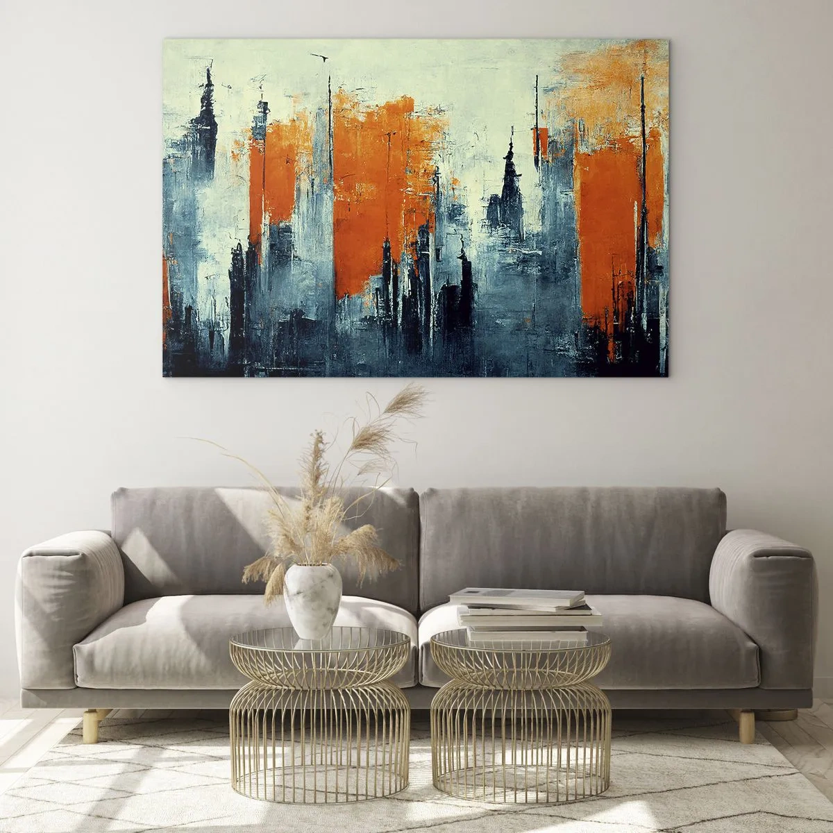 Obraz na skle - Moderní panorama města v odstínech šedé a oranžové - 70x50cm - Moderní krajina - Moderní nástěnná dekorace do obývacího pokoje a ložnice ARTTOR