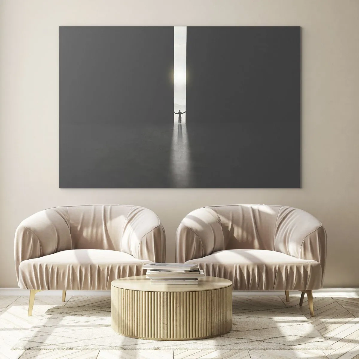 Obraz na skle - Silueta muže otevírajícího dveře do jasného světla - 70x50cm - Krok ke světlé budoucnosti - Moderní nástěnná dekorace do obývacího pokoje a ložnice ARTTOR
