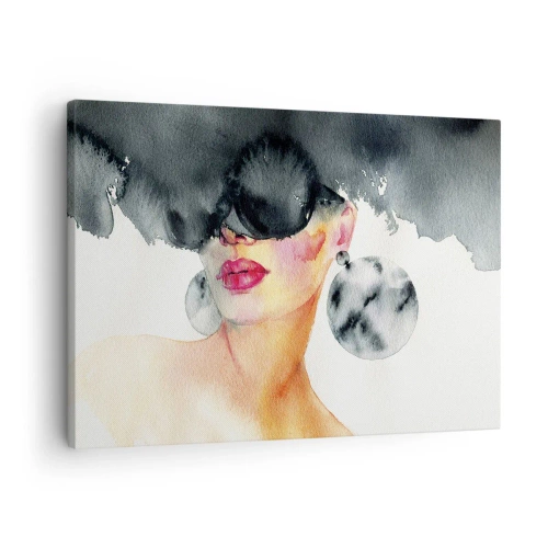 Obraz na plátně - Žena s elegantními brýlemi a velkými náušnicemi - 70x50cm - Tajemství elegance - Moderní nástěnná dekorace do obývacího pokoje a ložnice ARTTOR