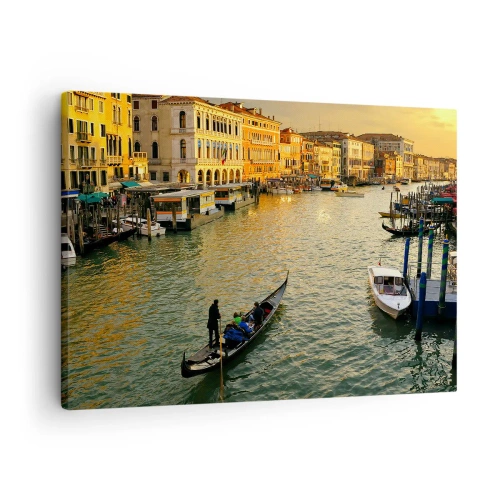 Obraz na plátně - Gondola na benátském kanálu při západu slunce - 70x50cm - Na slunečné straně ulice - Moderní nástěnná dekorace do obývacího pokoje a ložnice ARTTOR