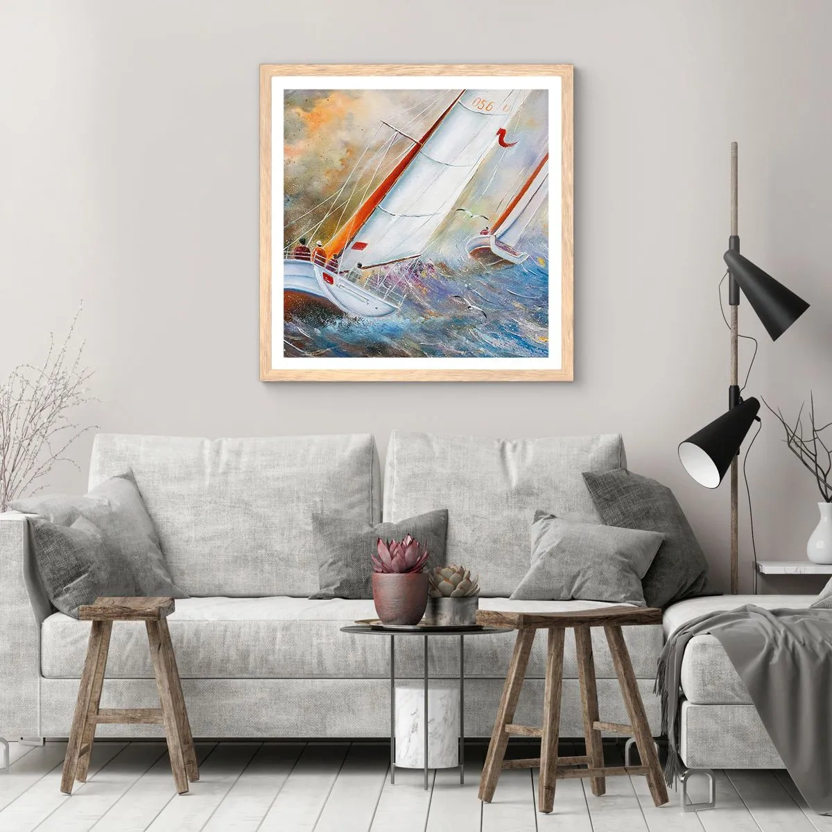 Plakát v rámu světlý dub - Běžící přes vlny - 60x60 cm