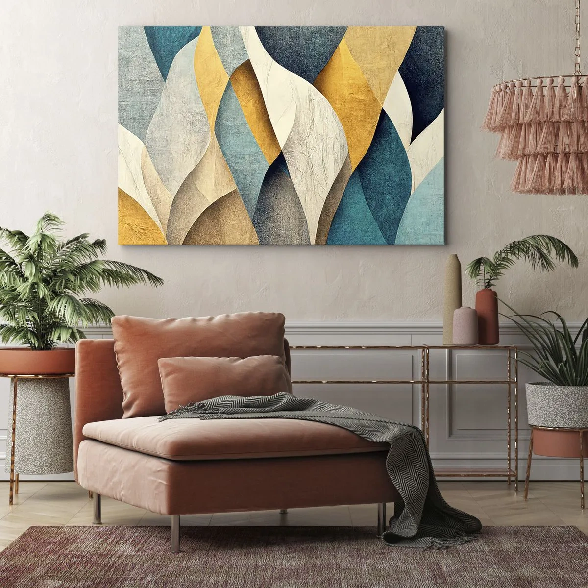 Obraz na plátně - Abstraktní vlny v odstínech modré a zlaté - 70x50cm - Rytmus a vlnění - Moderní nástěnná dekorace do obývacího pokoje a ložnice ARTTOR