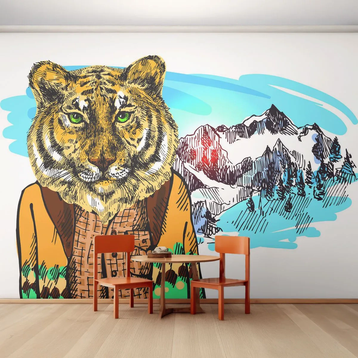 Fototapeta Samolepicí Deluxe Sticker - Není tak divoký jak ho kreslí - Abstrakce, Tygr, hory - 250x175 cm