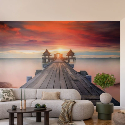 Fototapeta Premium Sand - Západ na východě - Krajina, Dřevěné molo, Moře - 100x70 cm