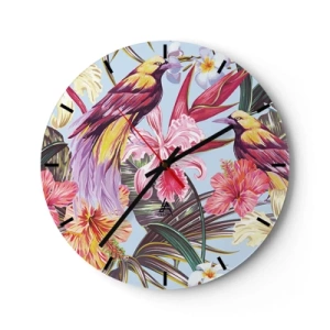 Nástěnné hodiny - Barevní ptáci mezi tropickými květinami a listy - 30x30cm - Plátky a pírka - Moderní nástěnná dekorace do obývacího pokoje, kuchyně a ložnice ARTTOR