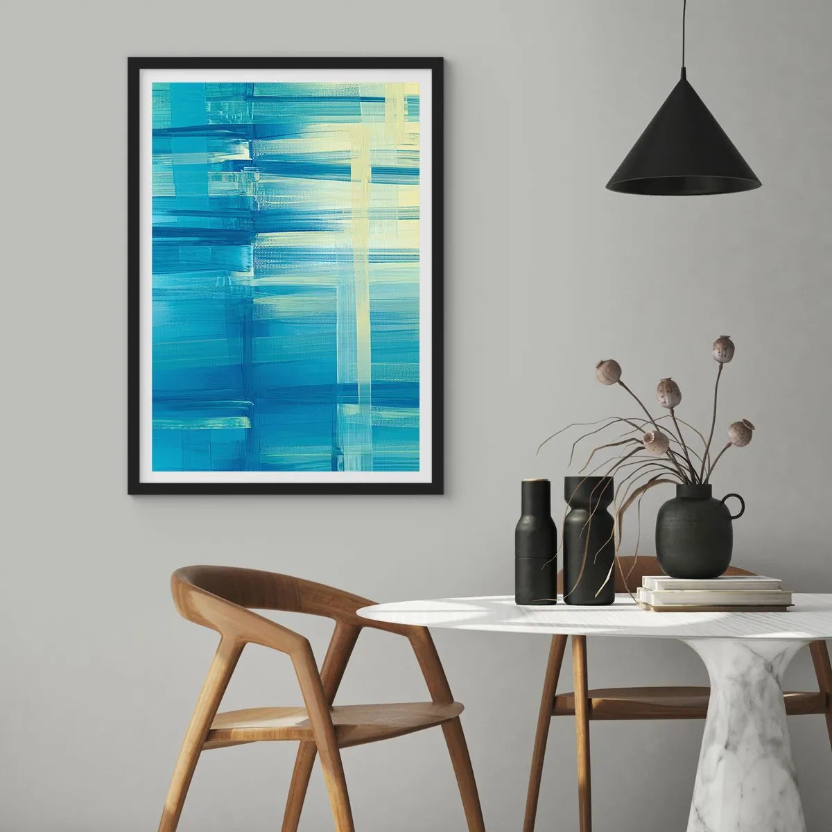 Plakát v černém rámu - Abstraktní kompozice v odstínech modré a žluté - 50x70cm - Kompozice v tyrkysu - Moderní nástěnná dekorace do obývacího pokoje a ložnice ARTTOR