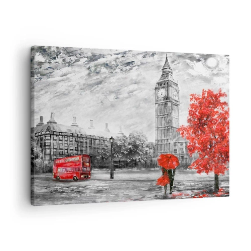 Obraz na plátně - Kultovní pohled na Londýn s Big Benem, červeným autobusem a deštníkem - 70x50cm - Vzrušující den - Moderní nástěnná dekorace do obývacího pokoje a ložnice ARTTOR