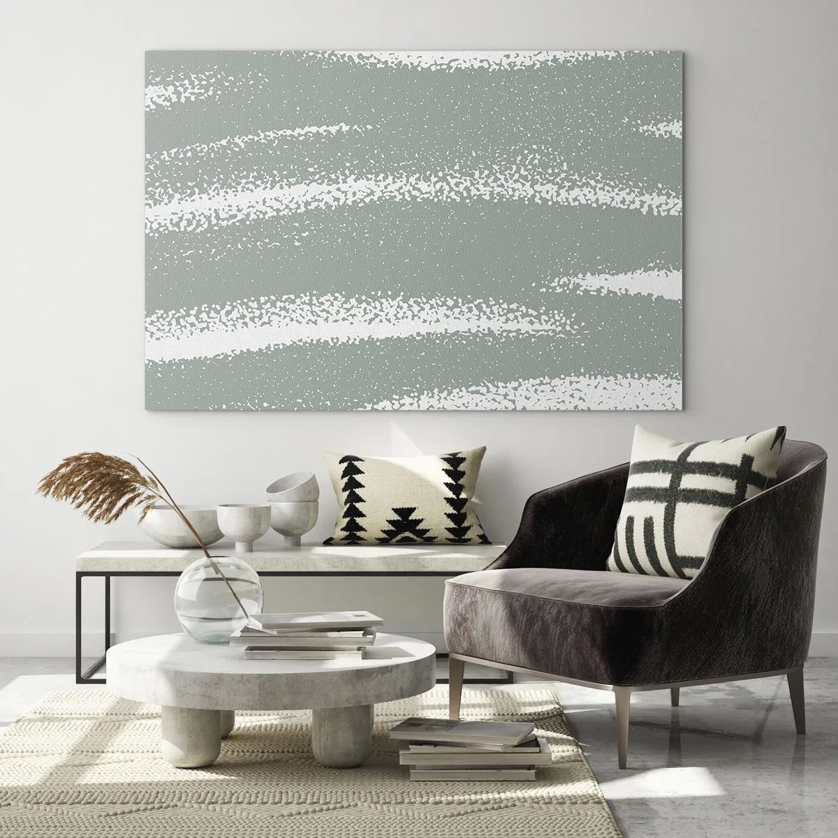 Obraz na skle - Bílé pruhy na chladném zeleném pozadí - 70x50cm - Abstrakce v zimním stylu - Moderní nástěnná dekorace do obývacího pokoje a ložnice ARTTOR