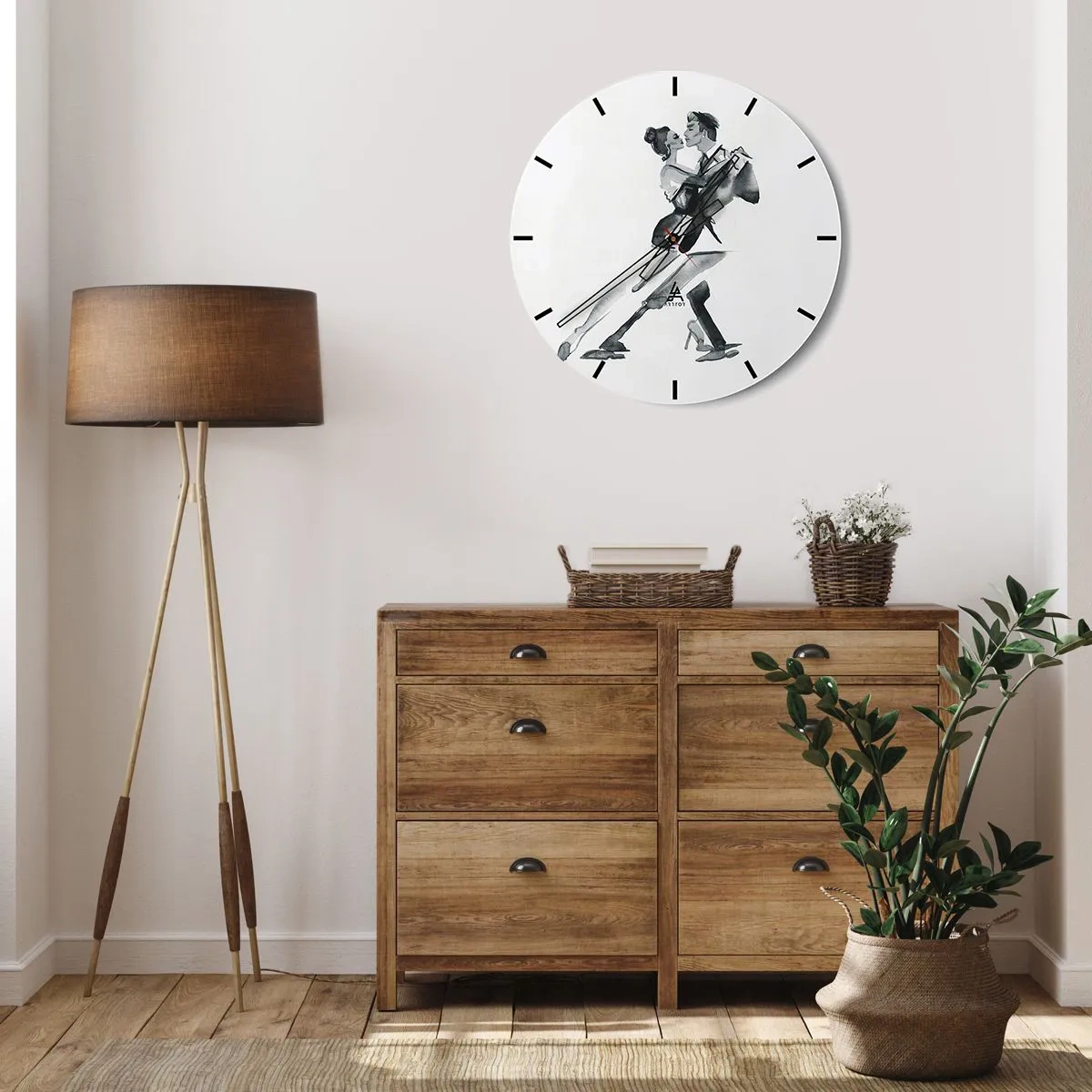 Nástěnné hodiny - Taneční pár v elegantní póze na bílém pozadí - 30x30cm - V jednom rytmu - Moderní nástěnná dekorace do obývacího pokoje, kuchyně a ložnice ARTTOR
