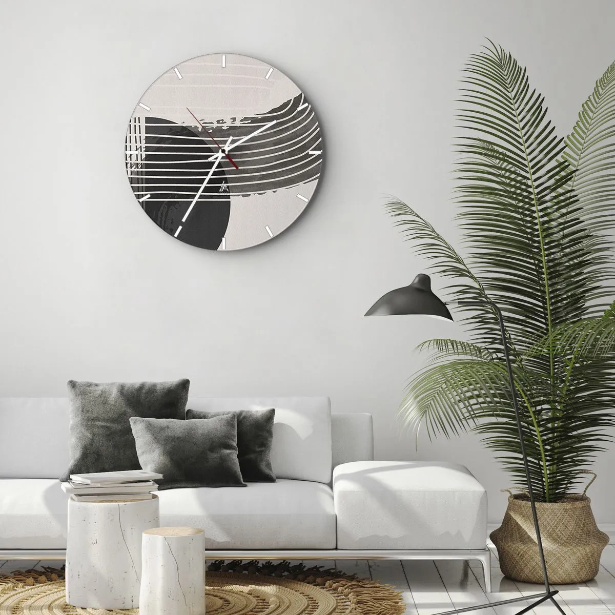 Nástěnné hodiny - Geometrická kompozice s čarami a půlkruhy v odstínech šedé. - 30x30cm - Tam a zpět - Moderní nástěnná dekorace do obývacího pokoje, kuchyně a ložnice ARTTOR