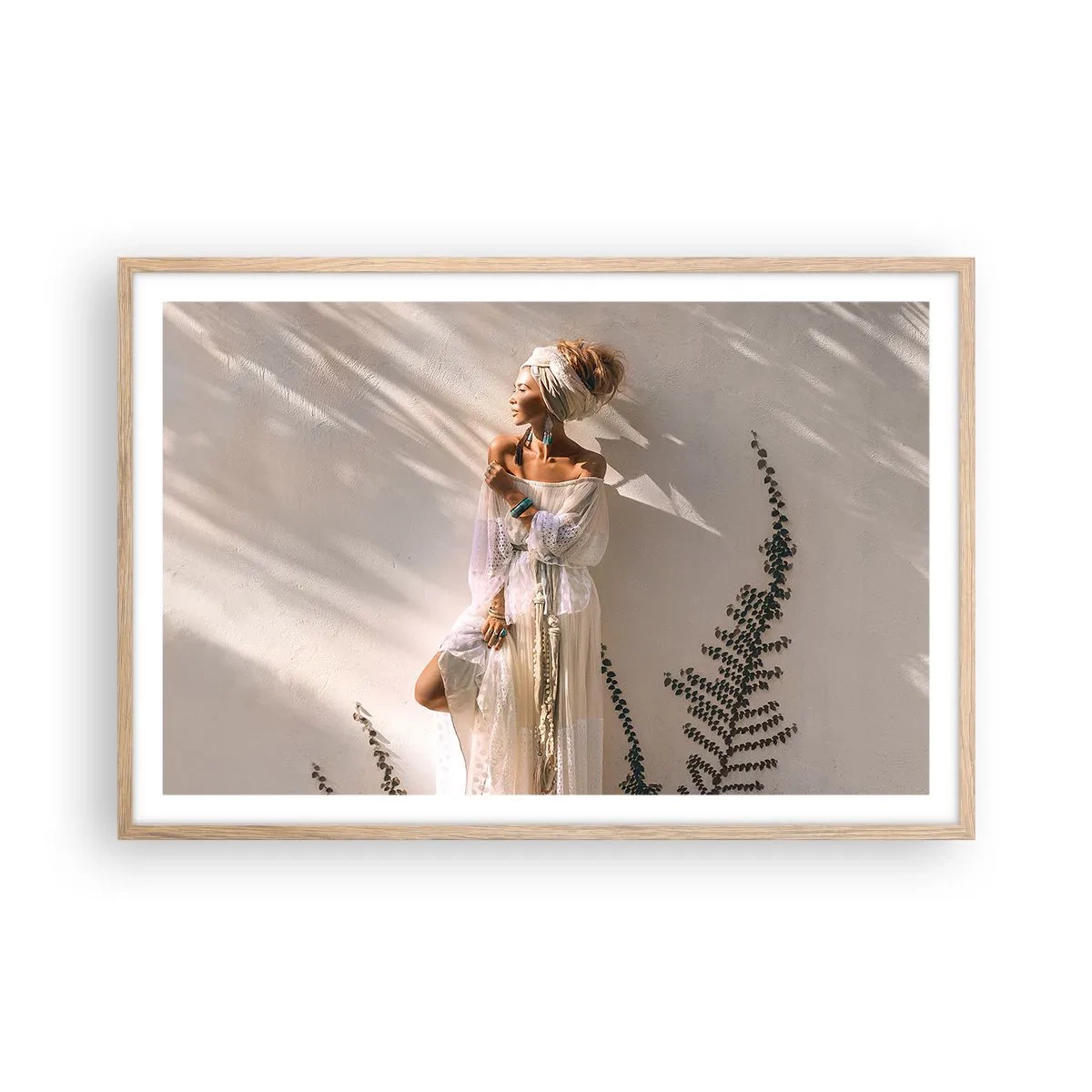 Plakát v rámu světlý dub - Slunce a dívka - 91x61 cm