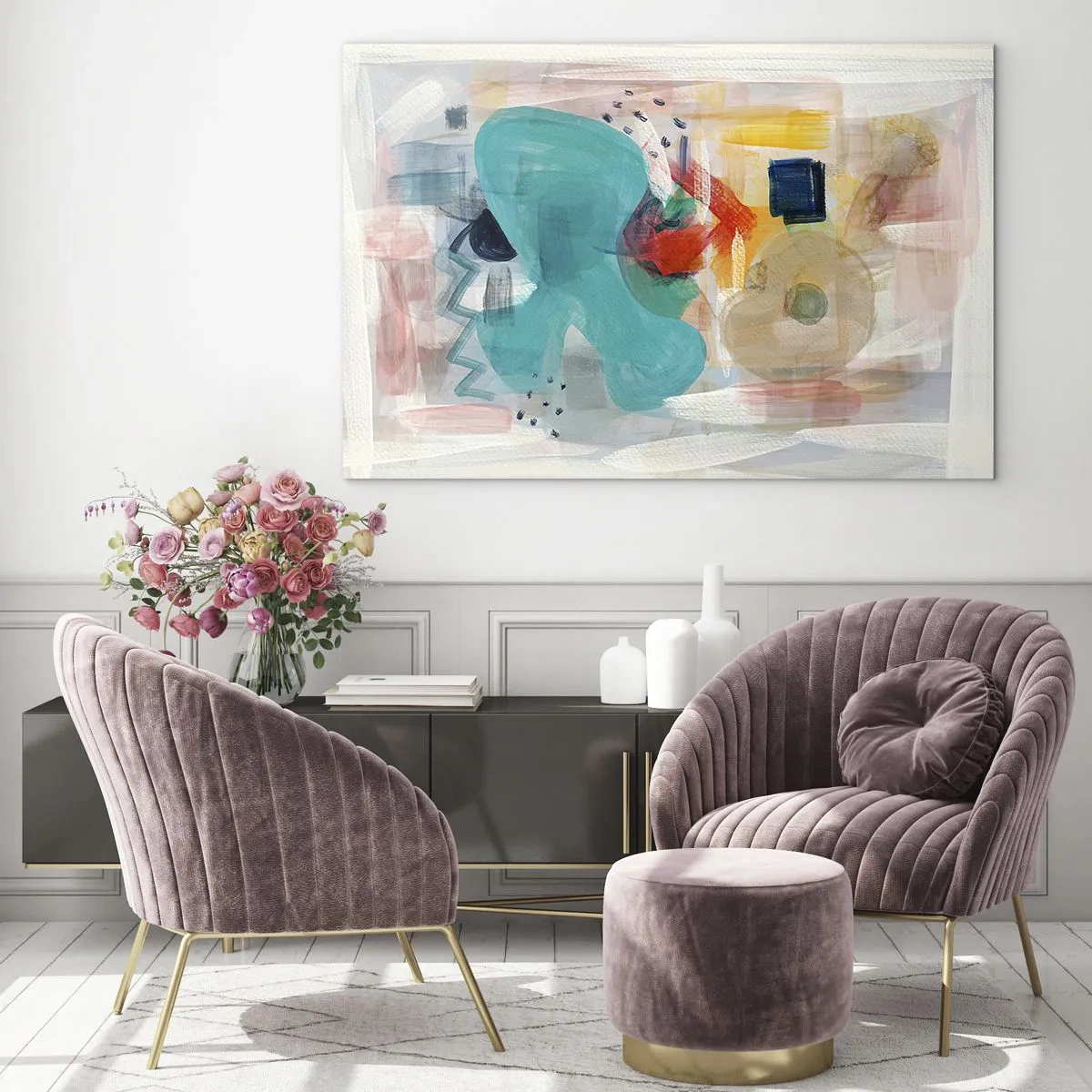 Obraz na skle - Barevná abstrakce s odlesky tyrkysové, červené a béžové. - 70x50cm - Barevná hra - Moderní nástěnná dekorace do obývacího pokoje a ložnice ARTTOR