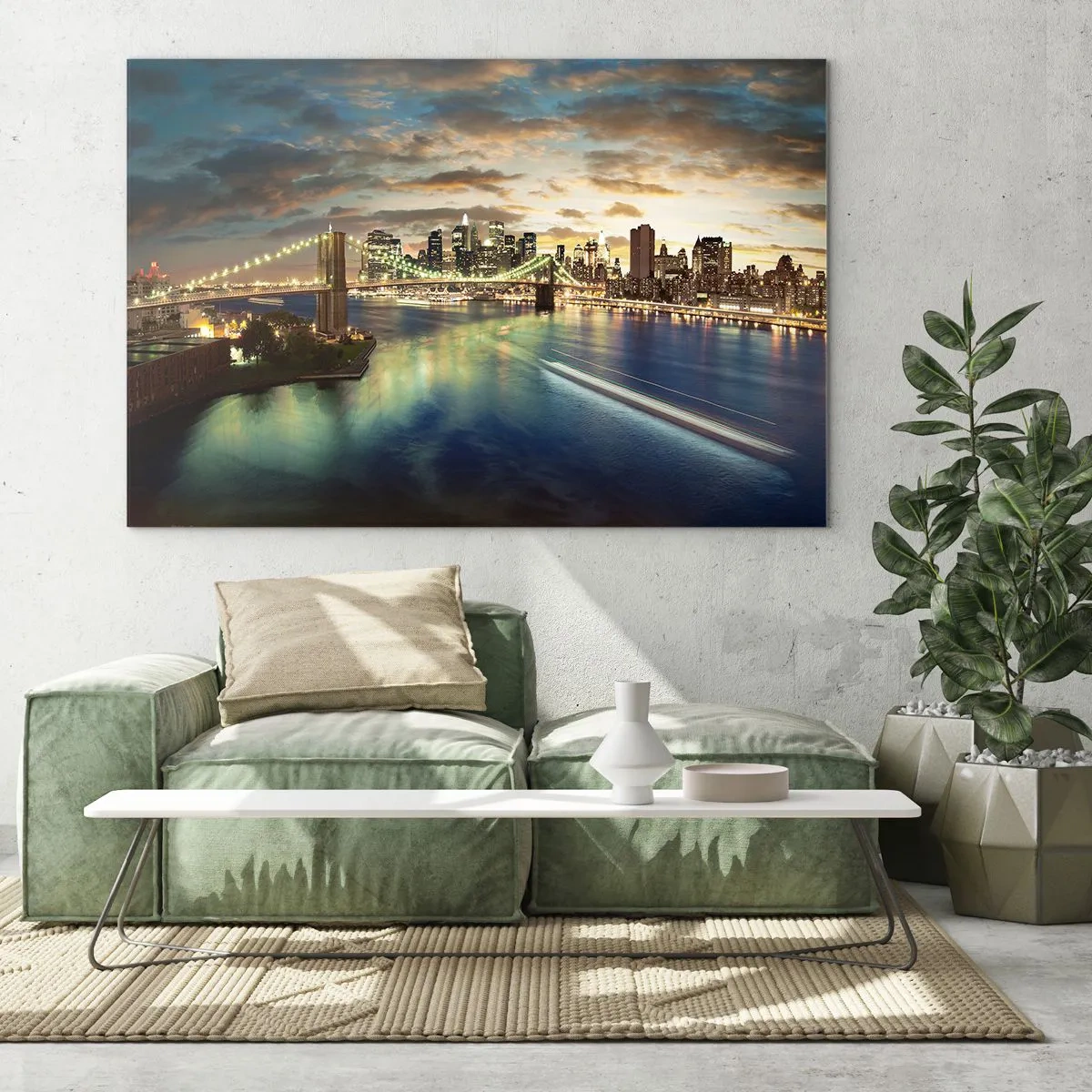 Obraz na skle - Pohled na most a město při západu slunce - 70x50cm - Zářivý večer nad Manhattanem - Moderní nástěnná dekorace do obývacího pokoje a ložnice ARTTOR