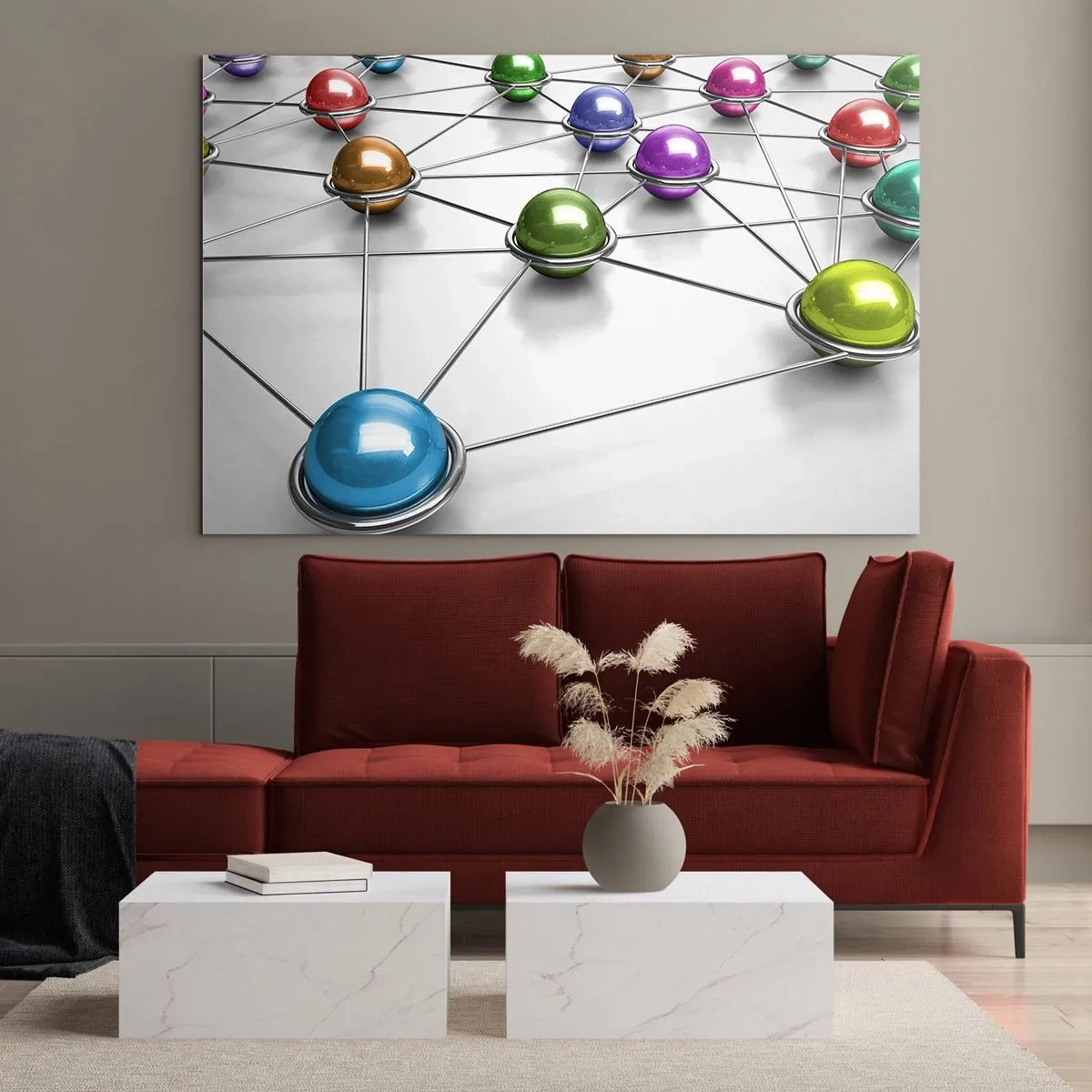 Obraz na skle - Barevné kuličky spojené čarami na světlém pozadí - 70x50cm - Vesmírná pavučina - Moderní nástěnná dekorace do obývacího pokoje a ložnice ARTTOR
