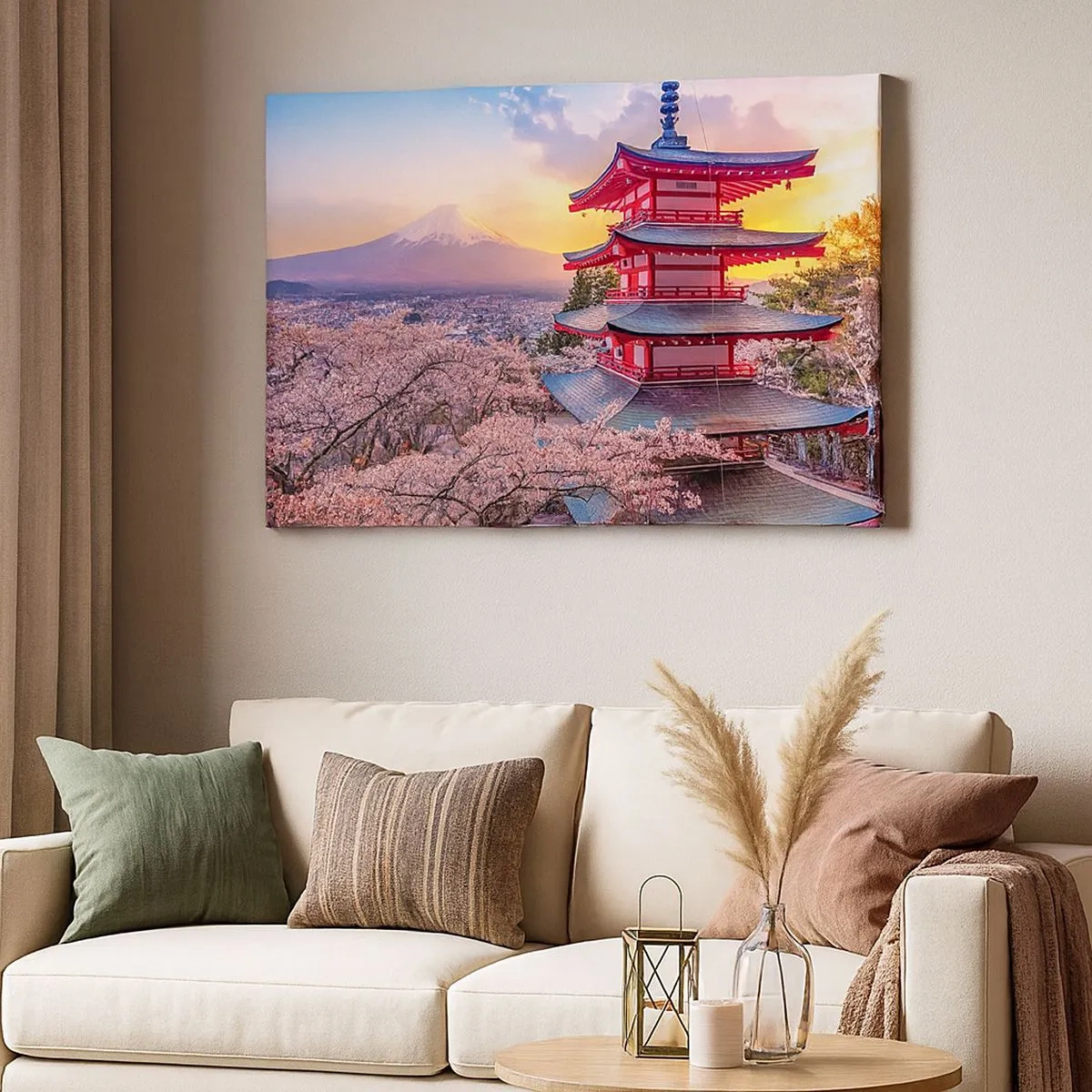 Obraz na plátně - Pagoda v Japonsku s třešňovými květy a horou Fudži - 70x50cm - Podstata japonského ducha - Moderní nástěnná dekorace do obývacího pokoje a ložnice ARTTOR