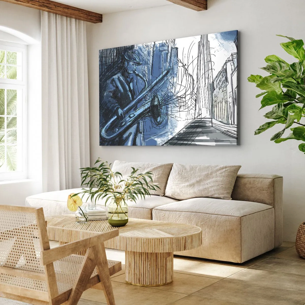 Obraz na plátně - Postava hrající na saxofon na pozadí města - 70x50cm - Městská rapsodie - Moderní nástěnná dekorace do obývacího pokoje a ložnice ARTTOR