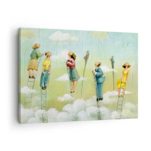 Obraz na plátně - Postavy šplhající po žebřících mezi mraky na pastelovém pozadí. - 70x50cm - Za svým snem - Moderní nástěnná dekorace do obývacího pokoje a ložnice ARTTOR