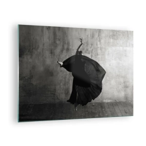 Obraz na skle - Černá a bílá silueta tanečnice v dynamické póze - 70x50cm - Plné vášně - Moderní nástěnná dekorace do obývacího pokoje a ložnice ARTTOR