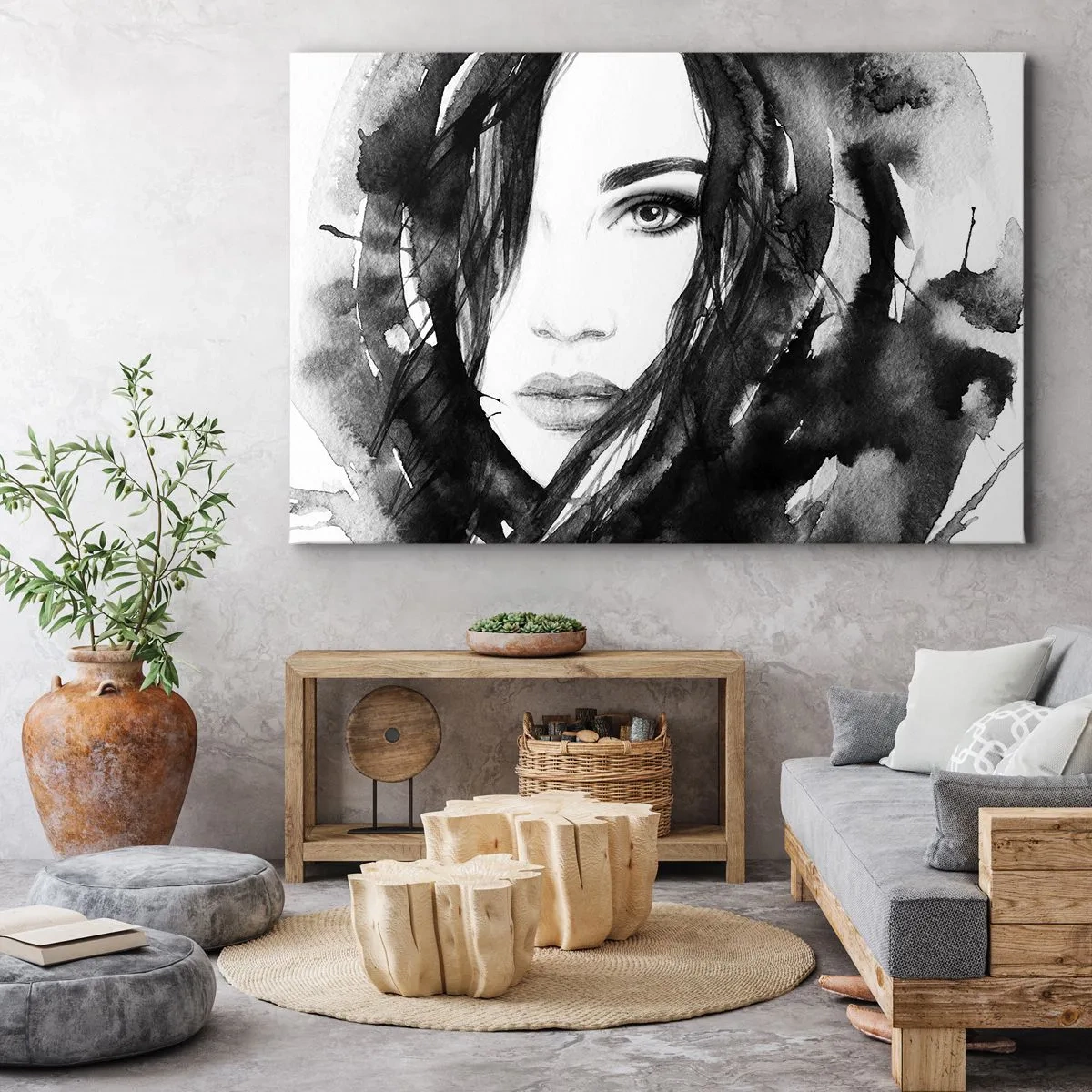 Obraz na plátně - Portrét ženy v černobílém akvarelu - 70x50cm - Portrét dámy v černé a bílé - Moderní nástěnná dekorace do obývacího pokoje a ložnice ARTTOR