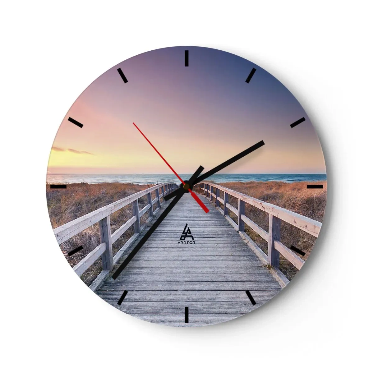 Nástěnné hodiny - Dřevěná cesta vedoucí k moři při západu slunce - 30x30cm - Baltská večerní polární záře - Moderní nástěnná dekorace do obývacího pokoje, kuchyně a ložnice ARTTOR