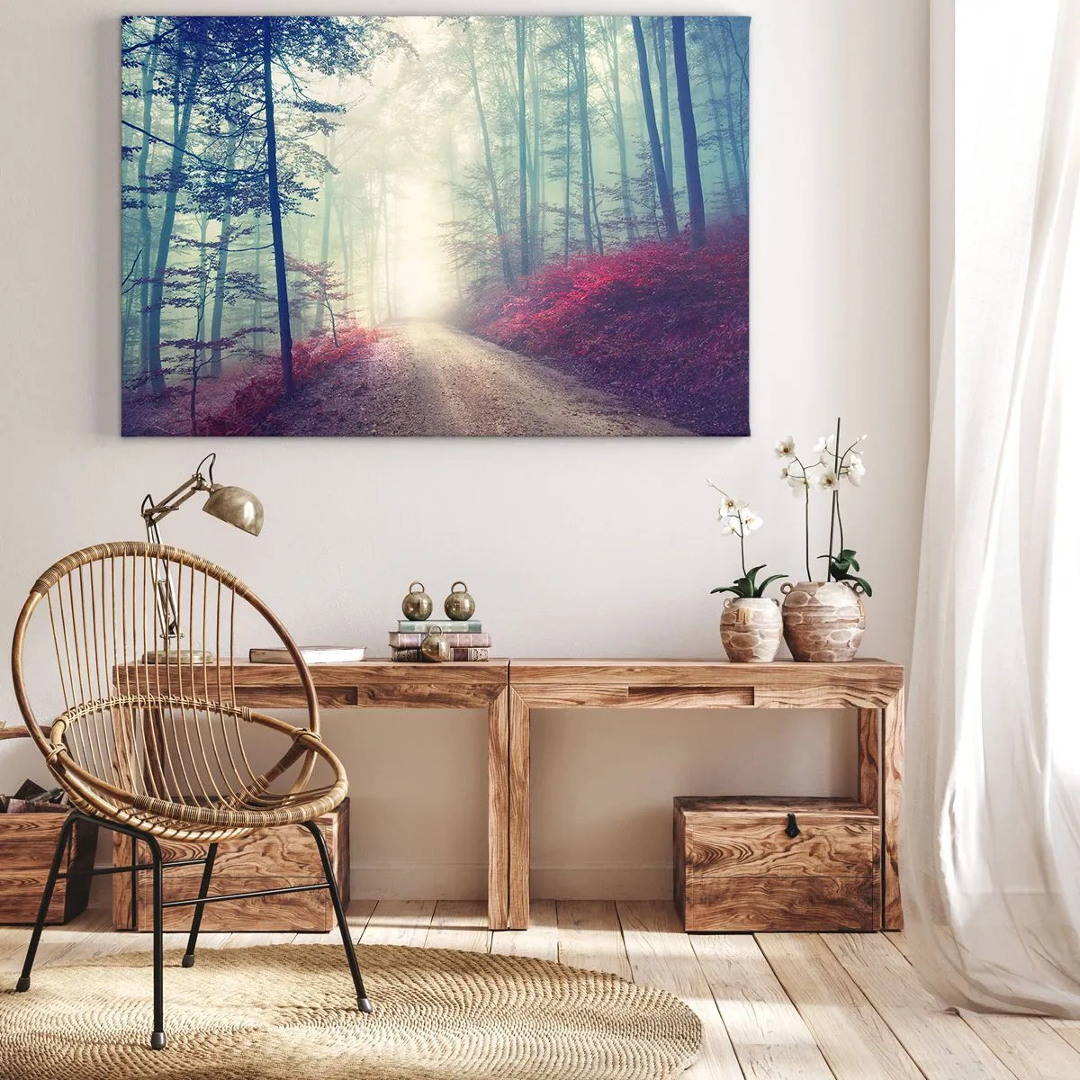 Obraz na plátně - Kouzelná lesní cesta obklopená stromy a mlhou - 70x50cm - Je dobře vstát s východem slunce - Moderní nástěnná dekorace do obývacího pokoje a ložnice ARTTOR