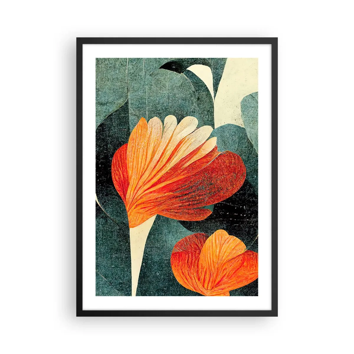 Plakát v černém rámu - Abstraktní květiny v odstínech oranžové a zelené - 50x70cm - Tropické horko a chlad zeleně - Moderní nástěnná dekorace do obývacího pokoje a ložnice ARTTOR