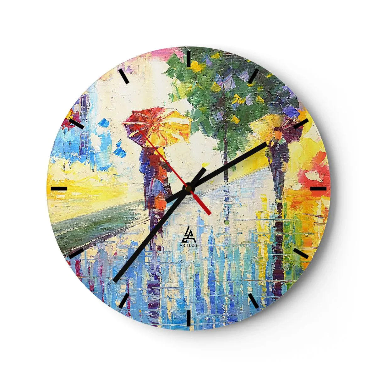Nástěnné hodiny - Postavy s deštníky kráčející v deštivý den - 30x30cm - A všechno je jasné - Moderní nástěnná dekorace do obývacího pokoje, kuchyně a ložnice ARTTOR