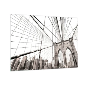 Obraz na skle - Visutý most s panoramatem města v pozadí v sépiovém odstínu - 70x50cm - Newyorská katedrála - Moderní nástěnná dekorace do obývacího pokoje a ložnice ARTTOR