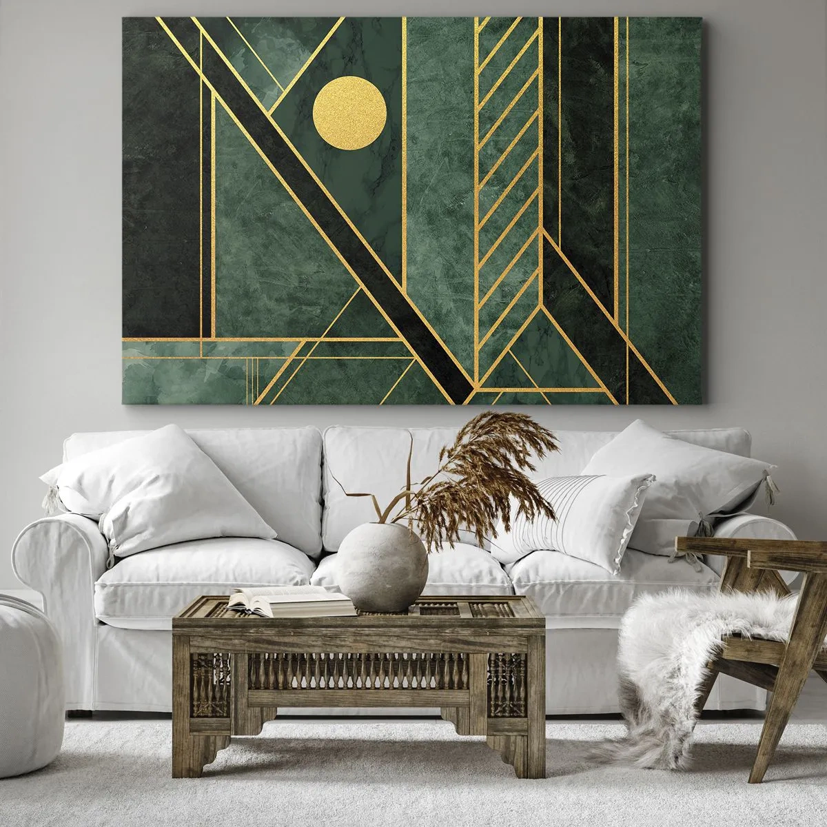 Obraz na plátně - Zelený a zlatý geometrický design s elegantním vzorem - 70x50cm - Dynamika zlata a lazuritu - Moderní nástěnná dekorace do obývacího pokoje a ložnice ARTTOR